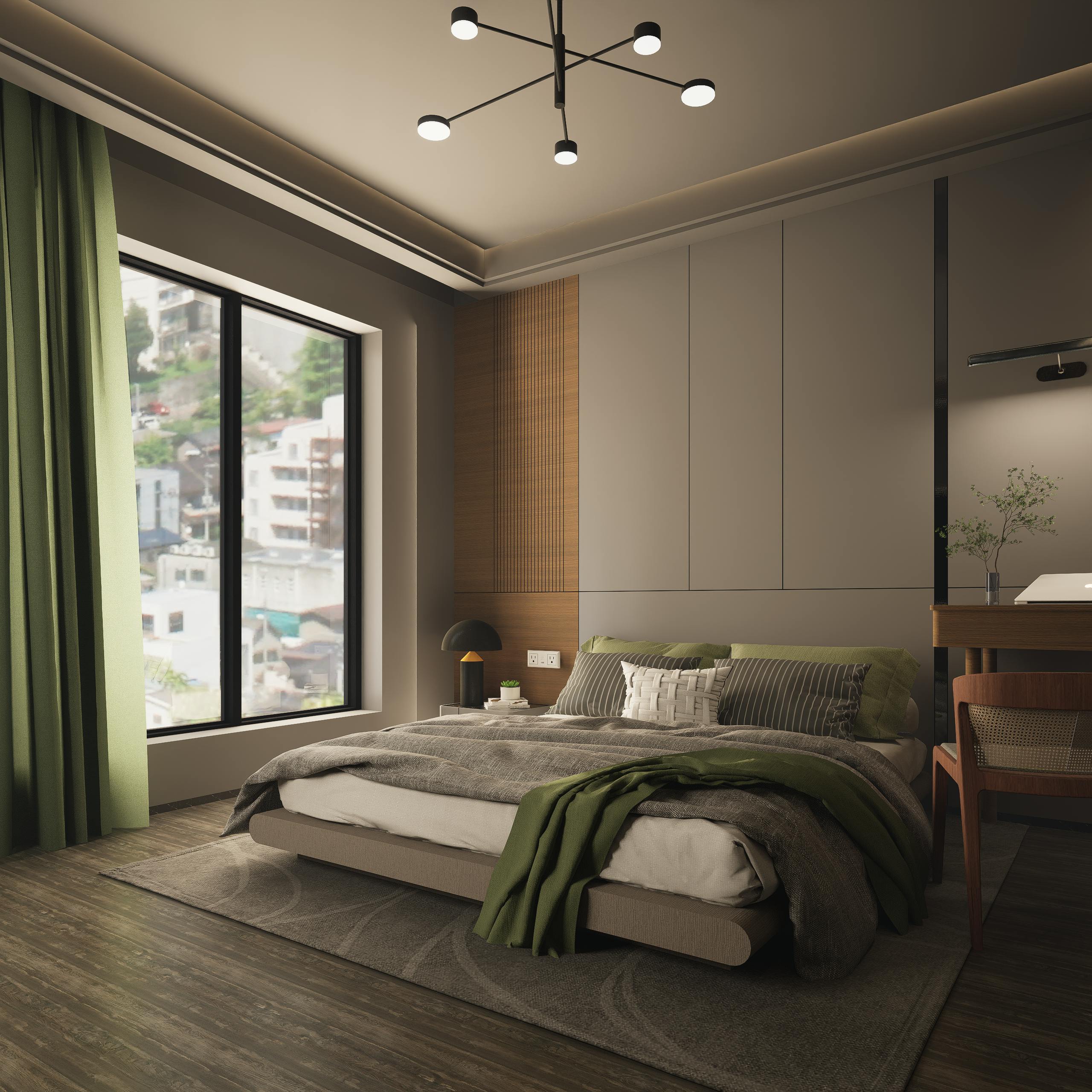 Contemporary bedroom with chic decor, large window, and ambient lighting for a relaxing atmosphere.